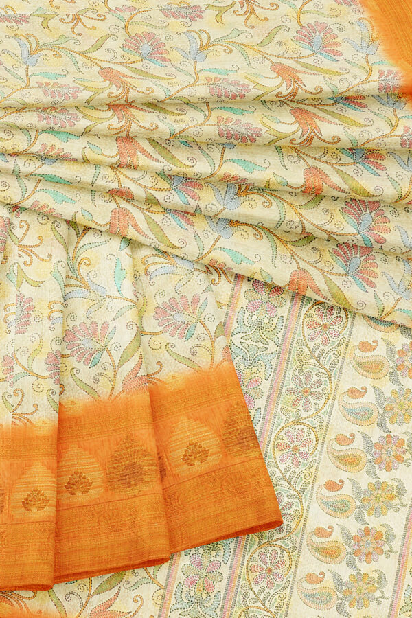 sri kumaran stores linen cotton half white saree with orange border 5