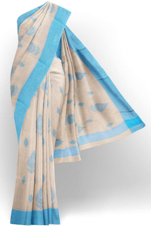 sri kumaran stores linen cotton half white saree with sky blue border 1