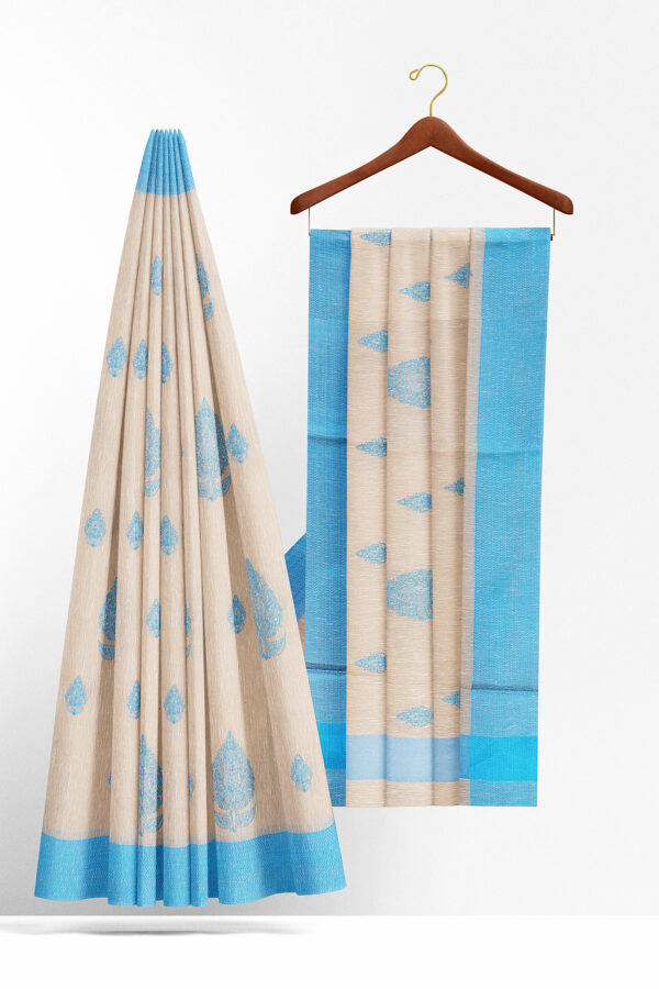 sri kumaran stores linen cotton half white saree with sky blue border 2