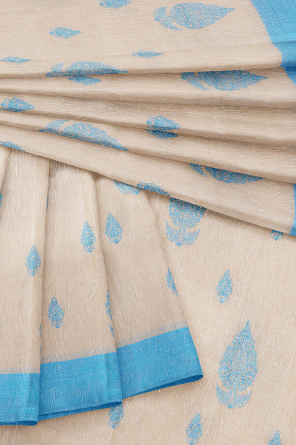 sri kumaran stores linen cotton half white saree with sky blue border 5
