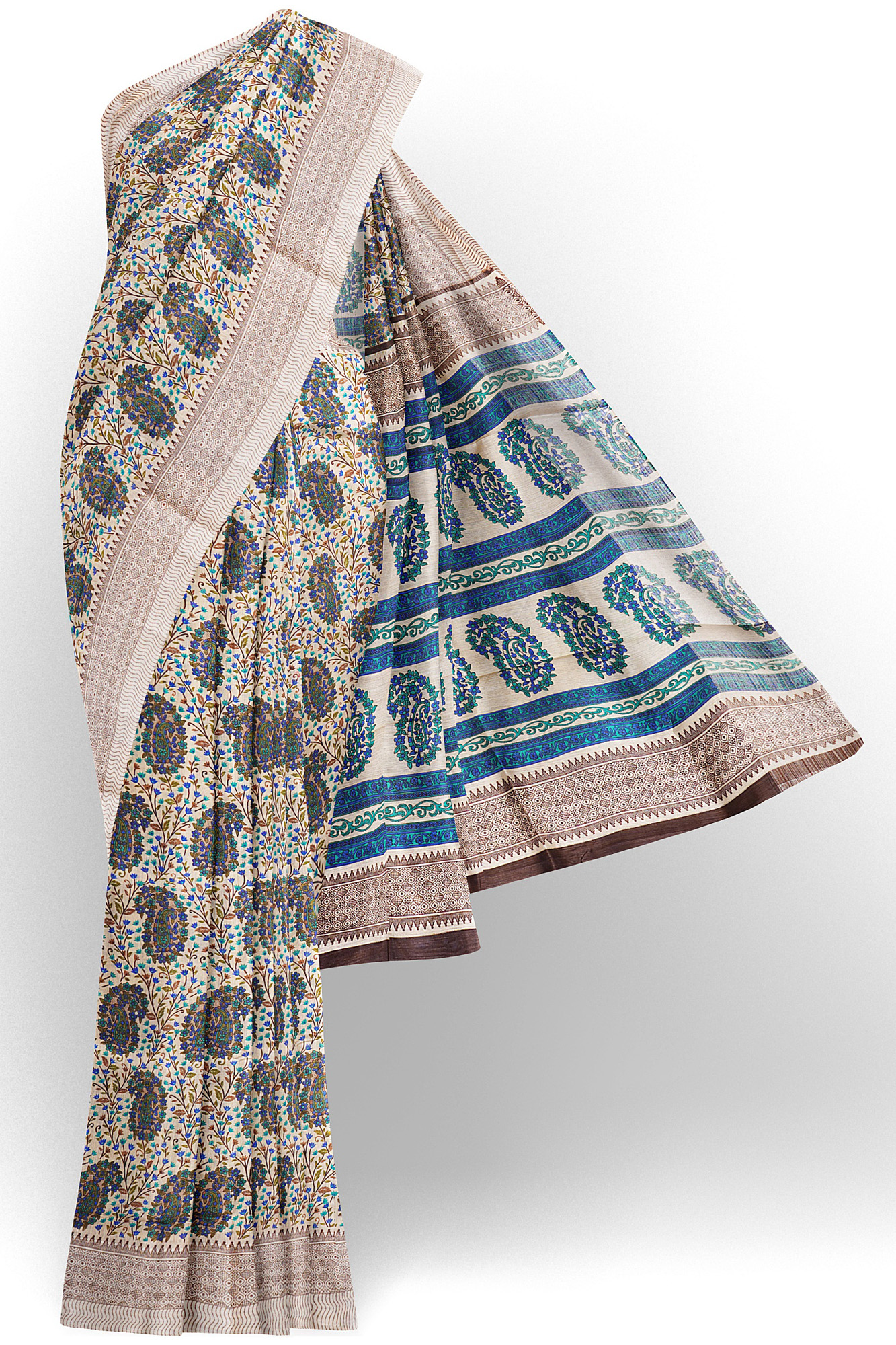 sri kumaran stores linen cotton half white saree with white brown border 1