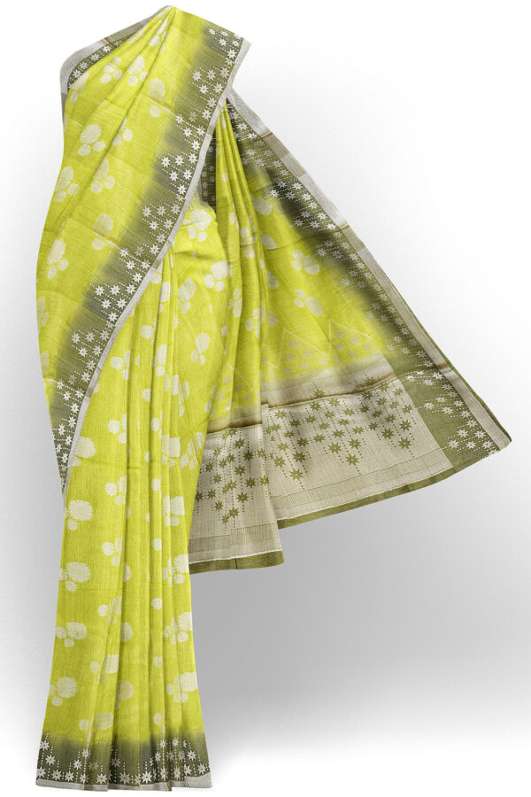 sri kumaran stores linen cotton lemon green saree with dark green border 1