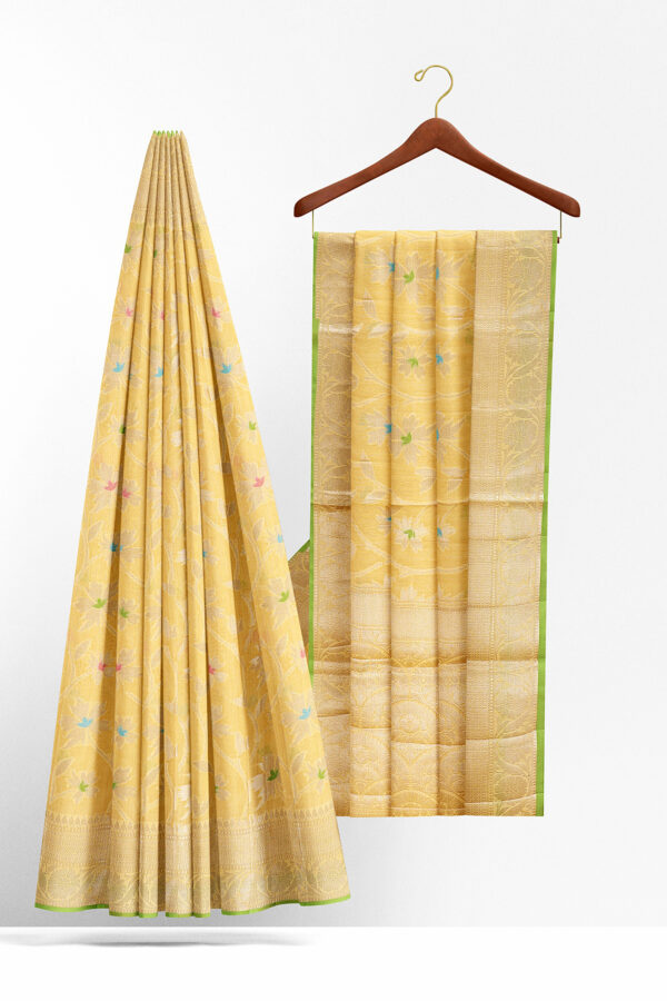 sri kumaran stores linen cotton lemon yellow saree with golden yellow border 2