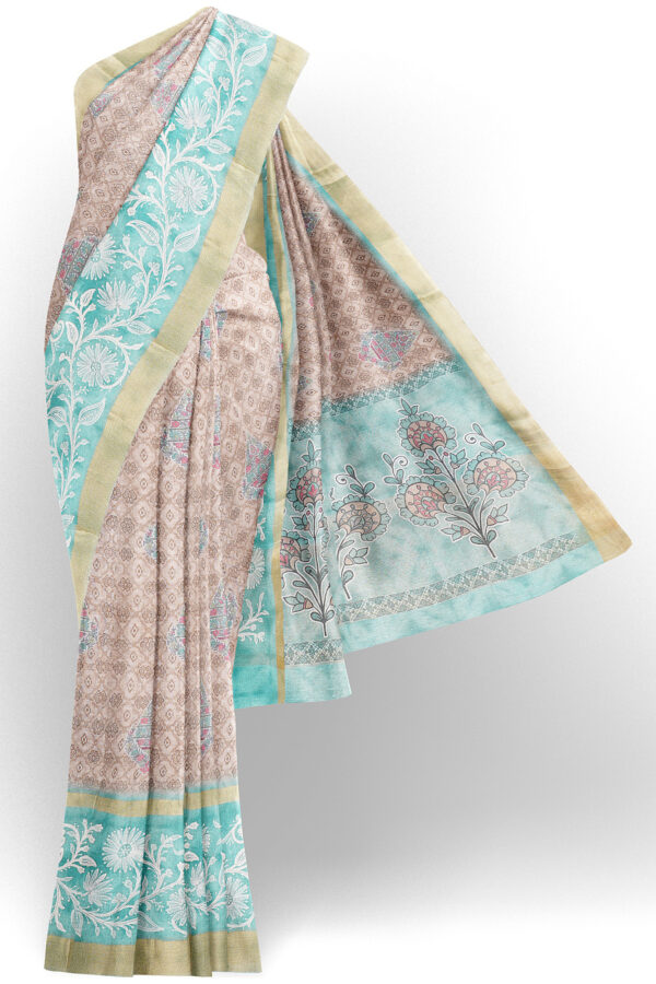sri kumaran stores linen cotton light brown saree with blue golden border 1