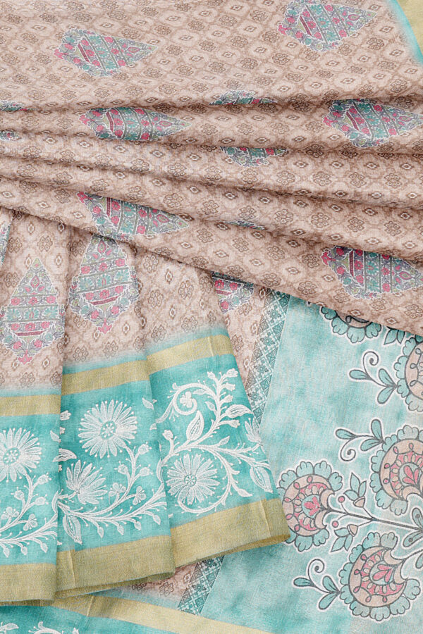 sri kumaran stores linen cotton light brown saree with blue golden border 5