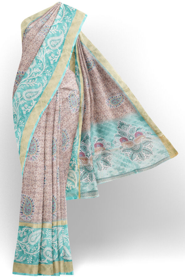 sri kumaran stores linen cotton light brown saree with blue golden border 1 1