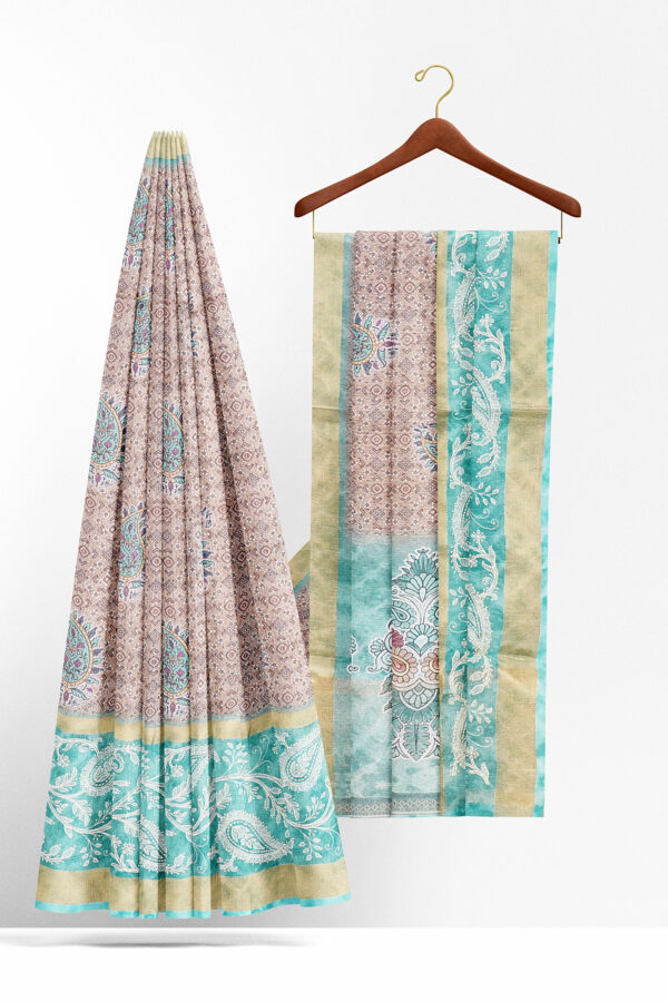 sri kumaran stores linen cotton light brown saree with blue golden border 1 2