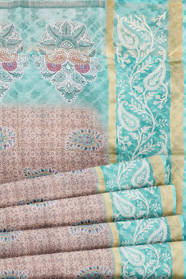 sri kumaran stores linen cotton light brown saree with blue golden border 1 4