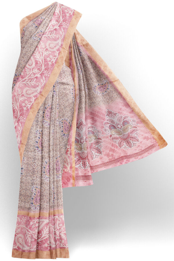 sri kumaran stores linen cotton light brown saree with golden border 1