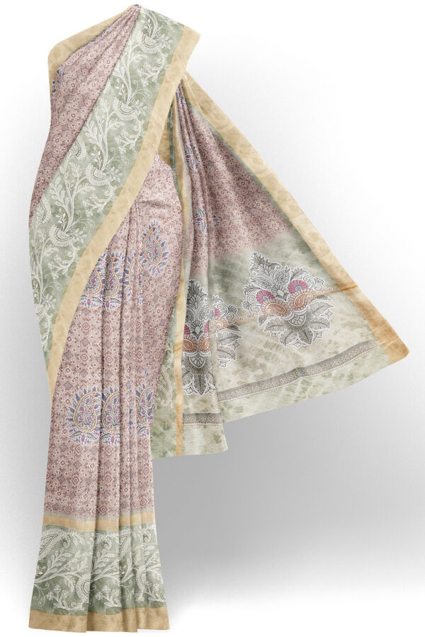 sri kumaran stores linen cotton light brown saree with green golden border 1