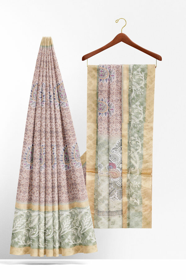 sri kumaran stores linen cotton light brown saree with green golden border 2