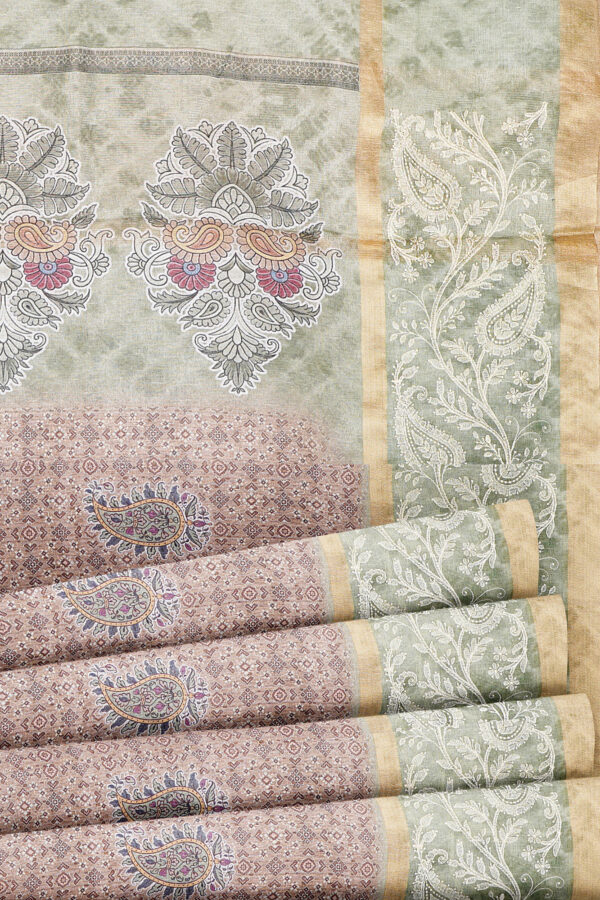 sri kumaran stores linen cotton light brown saree with green golden border 4