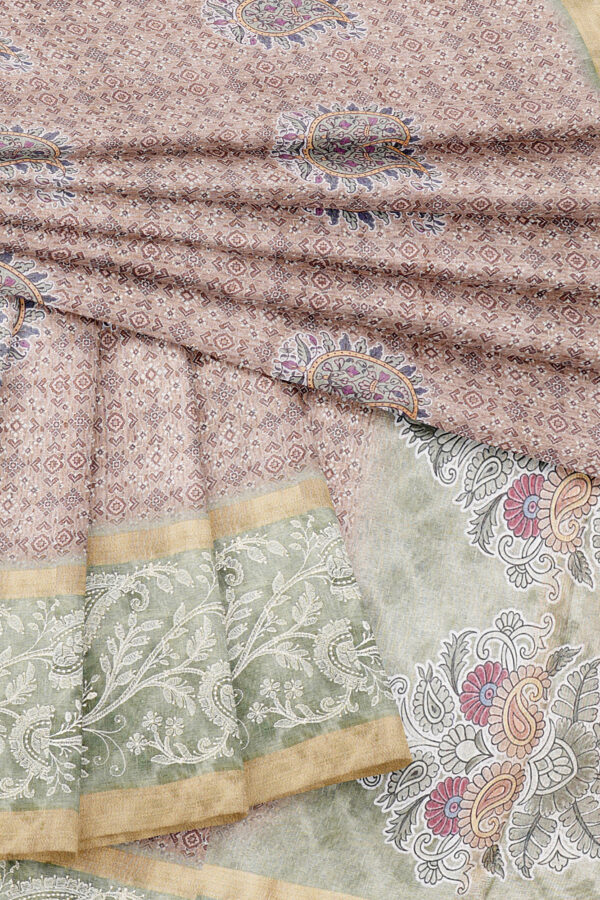 sri kumaran stores linen cotton light brown saree with green golden border 5
