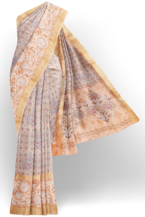 sri kumaran stores linen cotton light brown saree with orange golden border 1