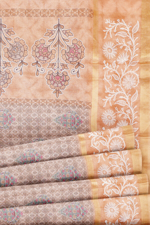 sri kumaran stores linen cotton light brown saree with orange golden border 4