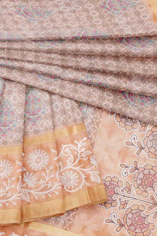 sri kumaran stores linen cotton light brown saree with orange golden border 5