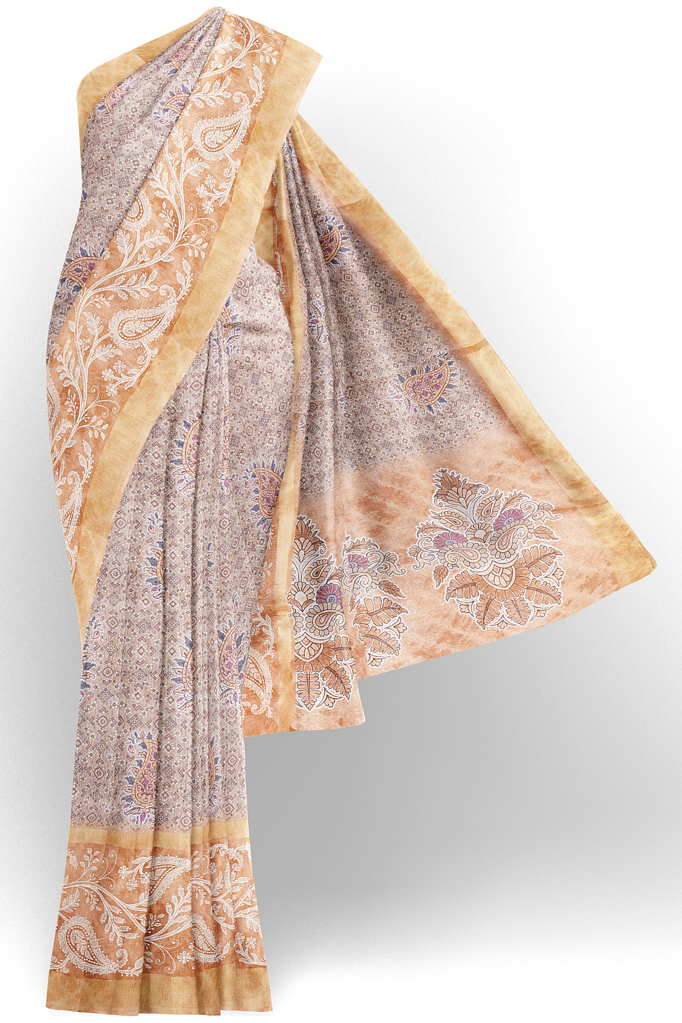 sri kumaran stores linen cotton light brown saree with orange golden border 1 1