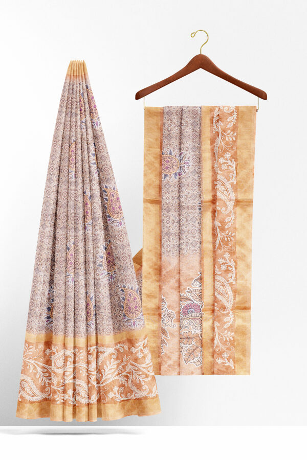 sri kumaran stores linen cotton light brown saree with orange golden border 1 2