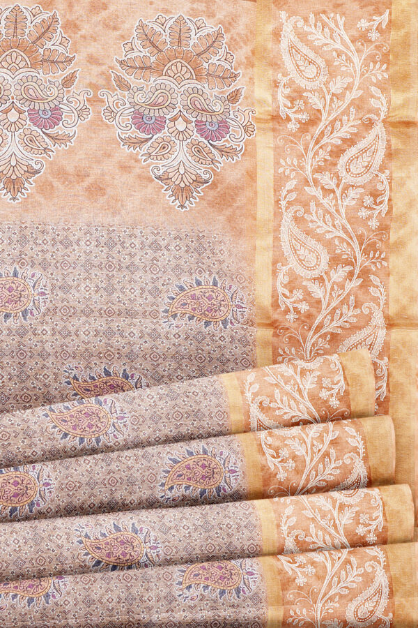 sri kumaran stores linen cotton light brown saree with orange golden border 1 4