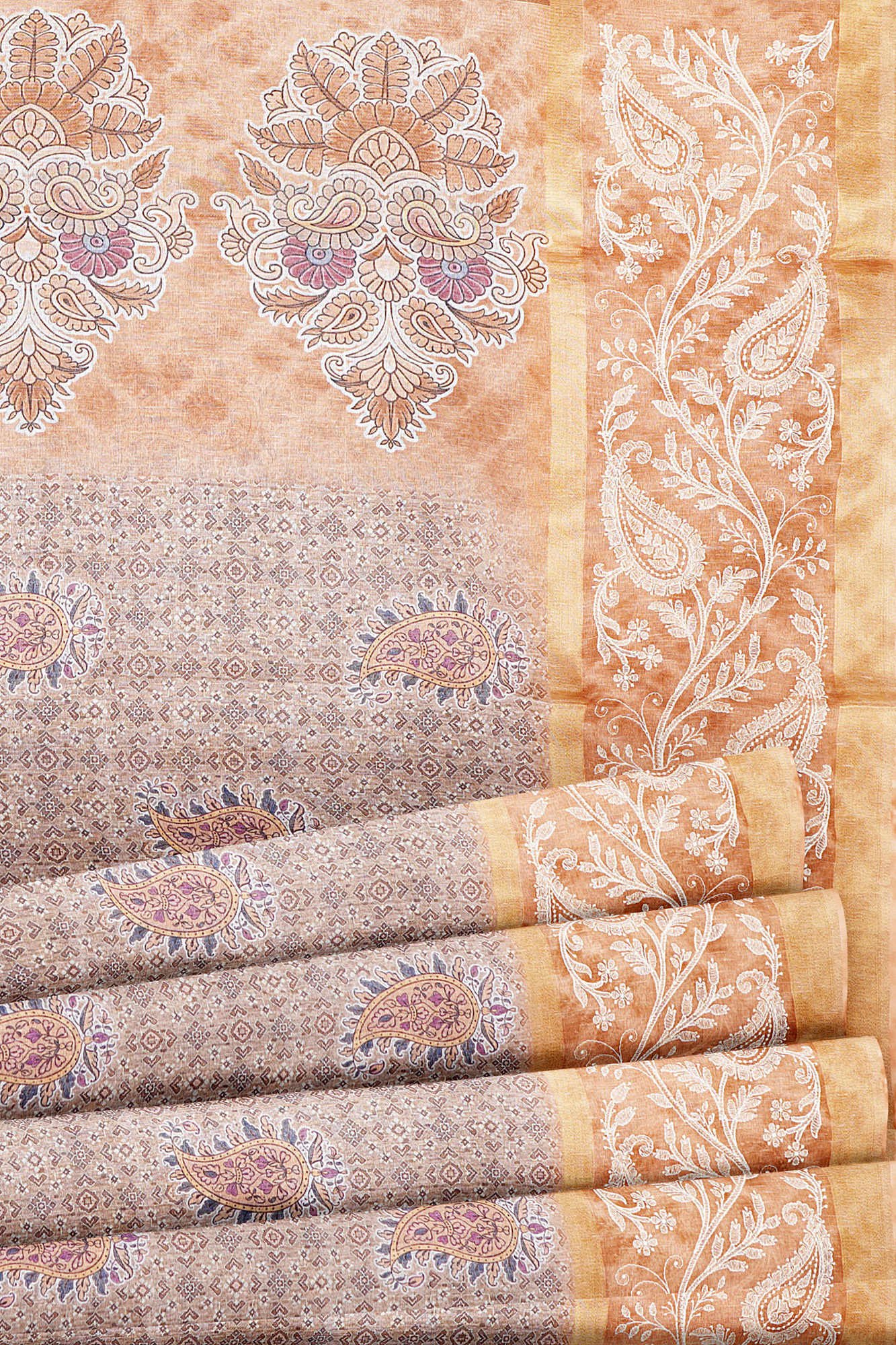 sri kumaran stores linen cotton light brown saree with orange golden border 1 4