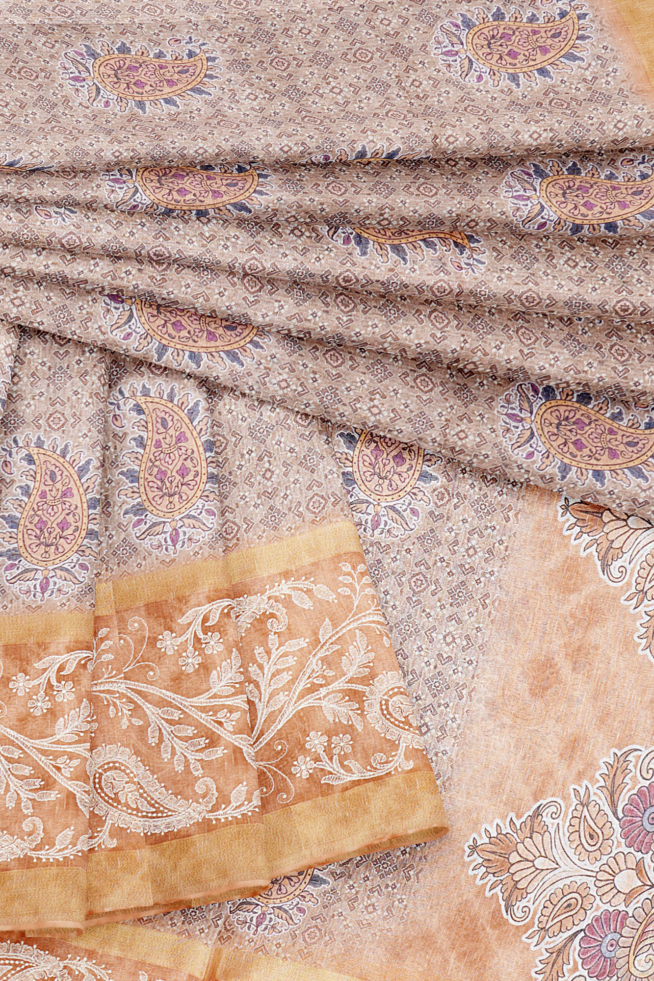 sri kumaran stores linen cotton light brown saree with orange golden border 1 5