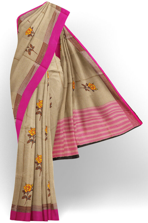 sri kumaran stores linen cotton light brown saree with pink border 1