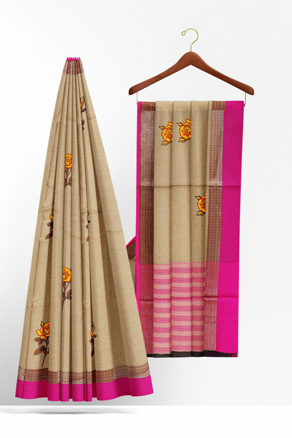 sri kumaran stores linen cotton light brown saree with pink border 2