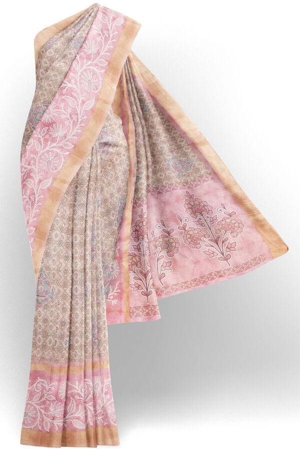 sri kumaran stores linen cotton light brown saree with pink golden border 1