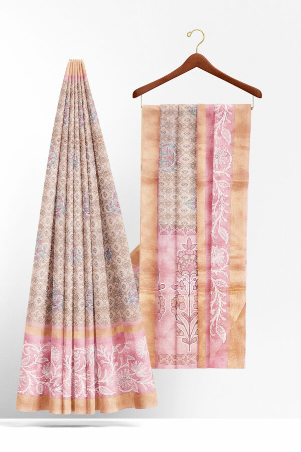 sri kumaran stores linen cotton light brown saree with pink golden border 2