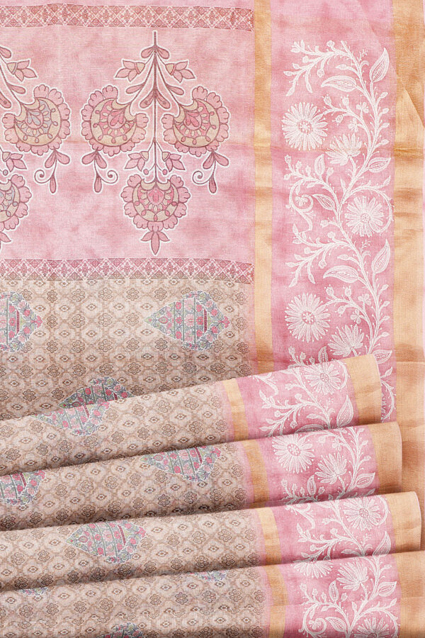 sri kumaran stores linen cotton light brown saree with pink golden border 4