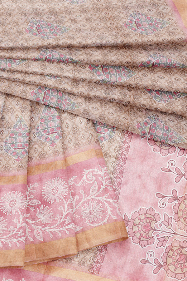 sri kumaran stores linen cotton light brown saree with pink golden border 5