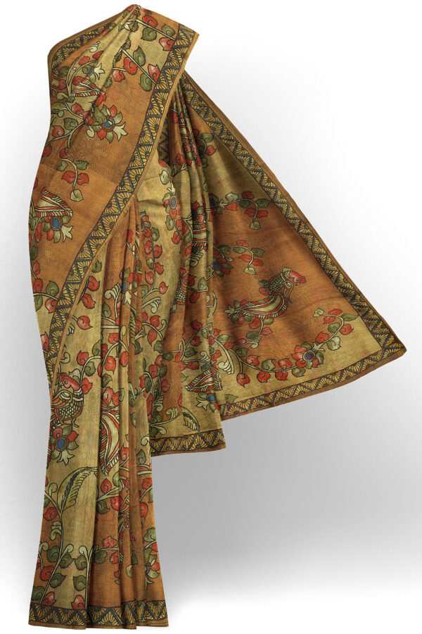 sri kumaran stores linen cotton light brown saree with yellow floral border 1