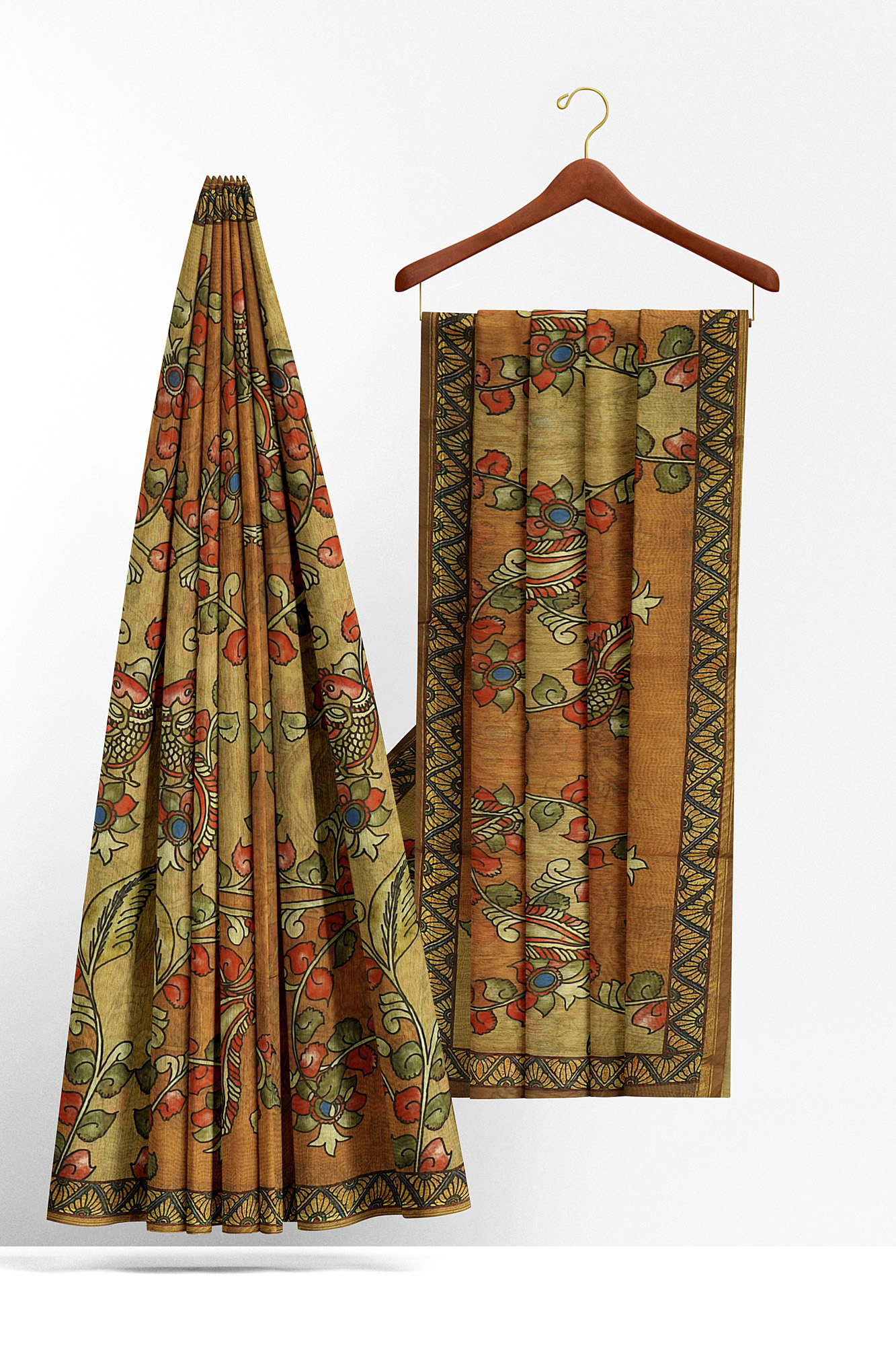 sri kumaran stores linen cotton light brown saree with yellow floral border 2