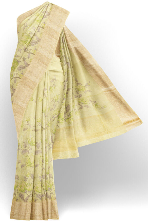 sri kumaran stores linen cotton light green saree with golden border 1