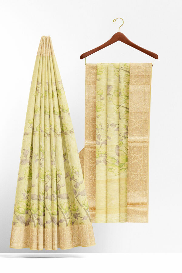 sri kumaran stores linen cotton light green saree with golden border 2