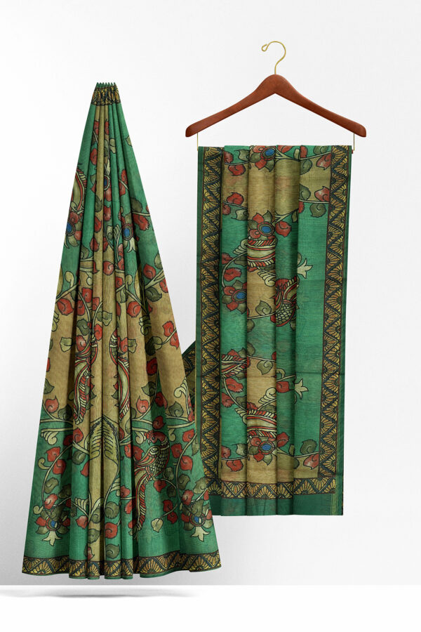 sri kumaran stores linen cotton light green saree with yellow floral border 2