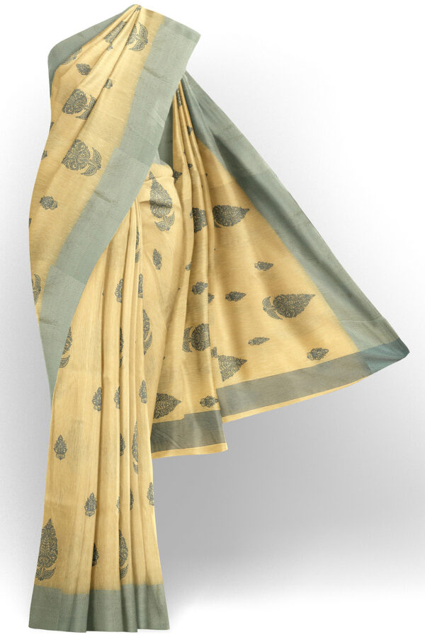 sri kumaran stores linen cotton light yellow saree with grey border 1