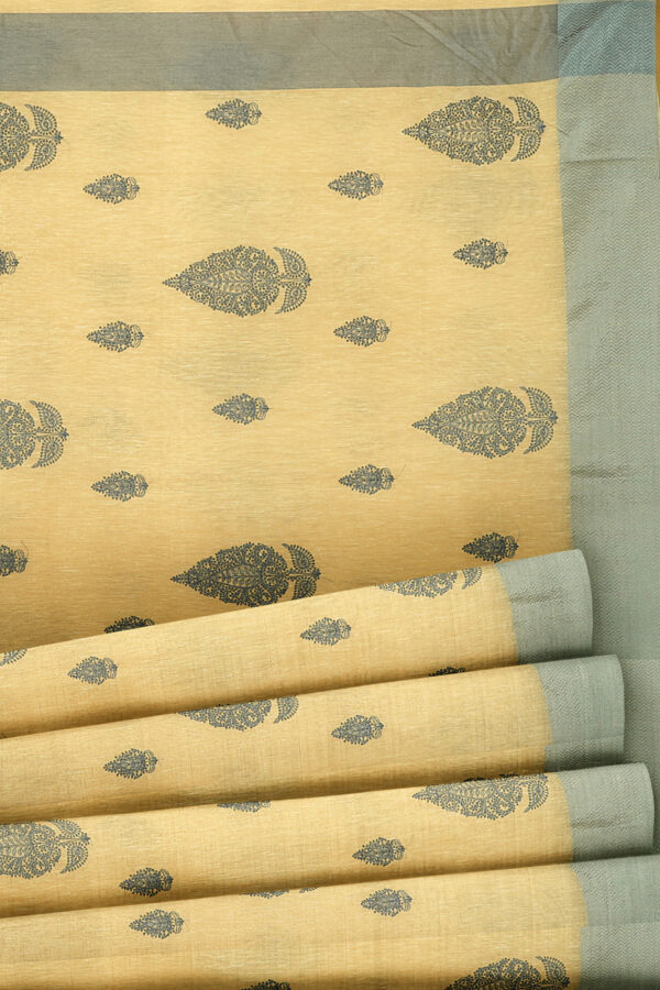 sri kumaran stores linen cotton light yellow saree with grey border 4