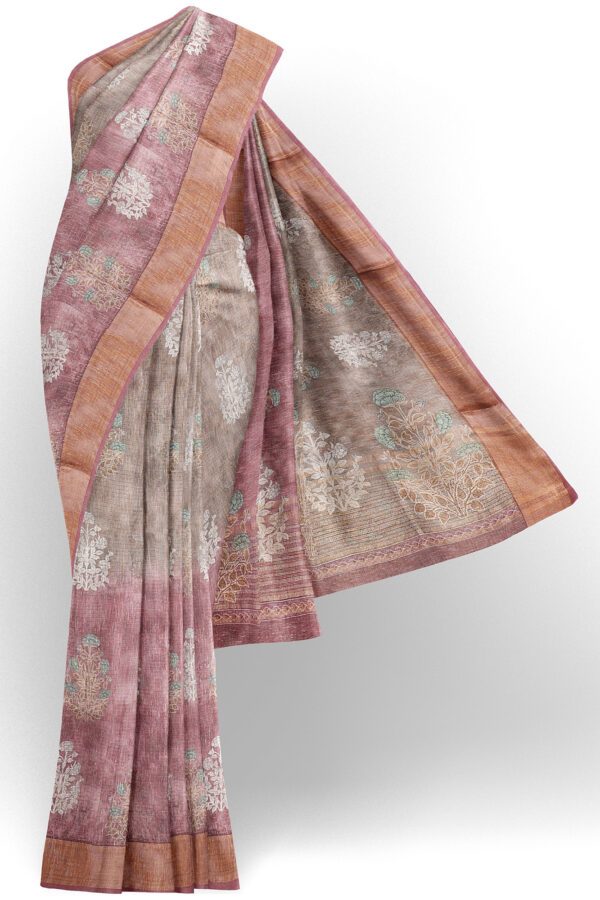 sri kumaran stores linen cotton maroon and brown saree with golden border 1