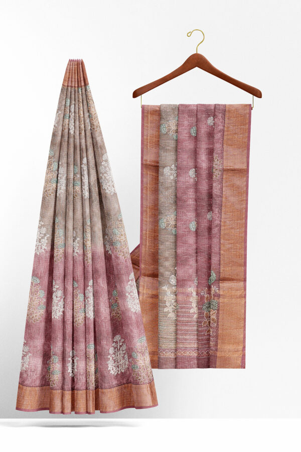 sri kumaran stores linen cotton maroon and brown saree with golden border 2