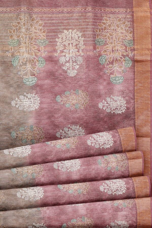 sri kumaran stores linen cotton maroon and brown saree with golden border 4