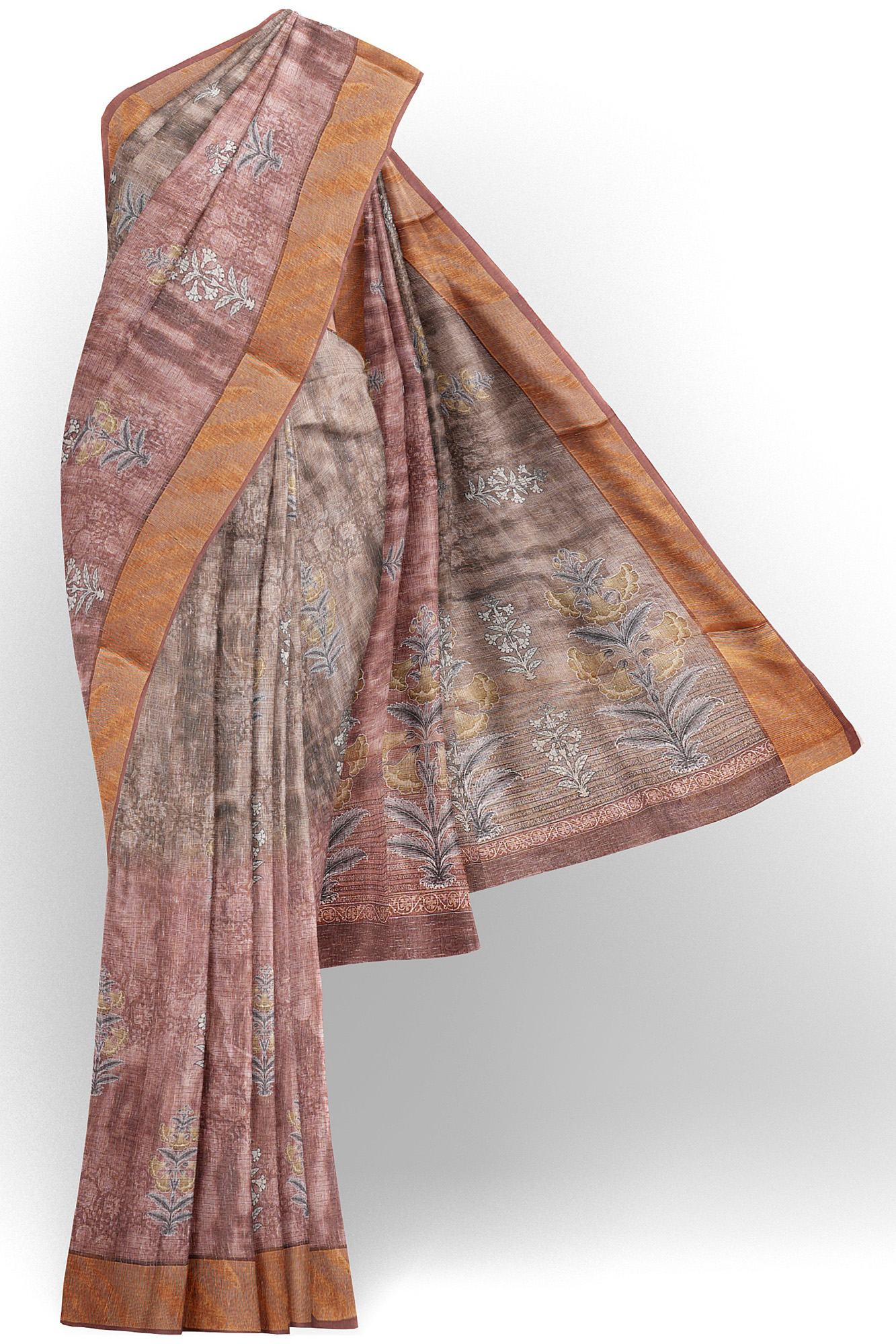 sri kumaran stores linen cotton maroon and brown saree with golden border 1 1