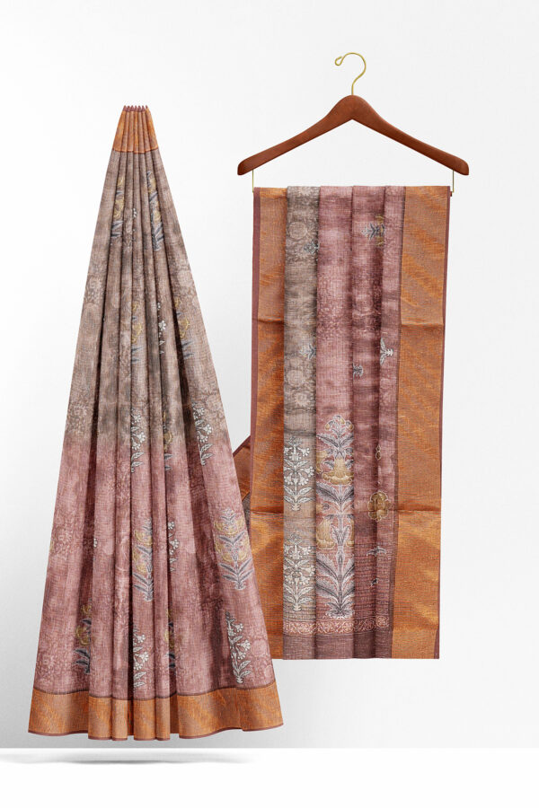 sri kumaran stores linen cotton maroon and brown saree with golden border 1 2