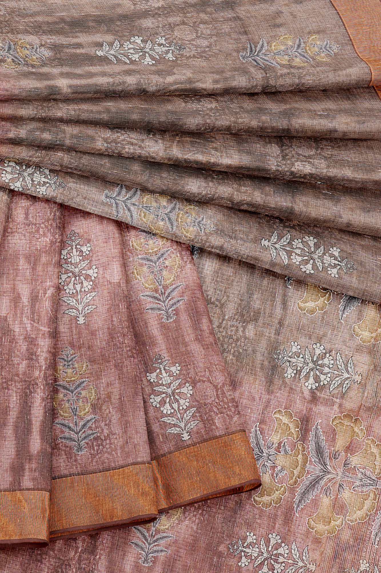 sri kumaran stores linen cotton maroon and brown saree with golden border 1 5