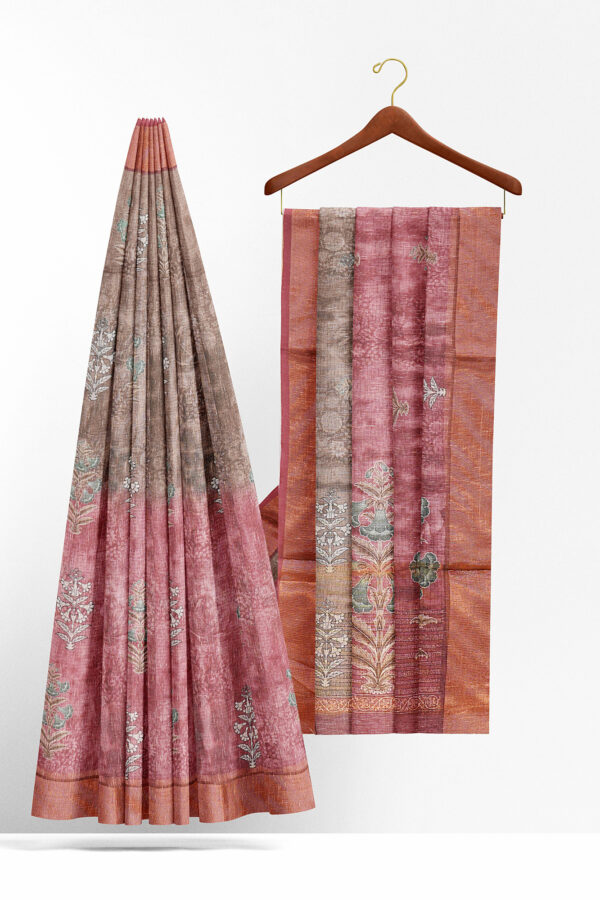 sri kumaran stores linen cotton maroon and green saree with golden border 2