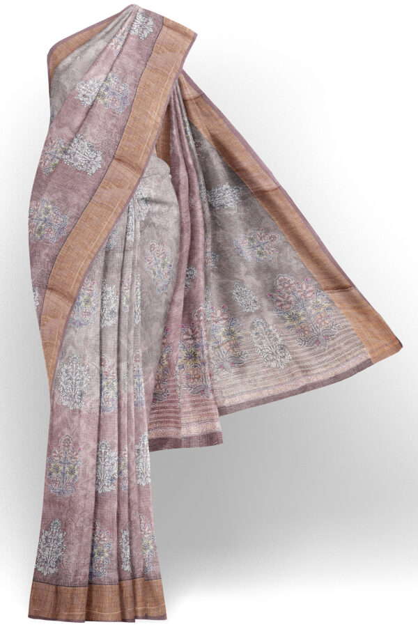 sri kumaran stores linen cotton maroon and grey saree with golden border 1