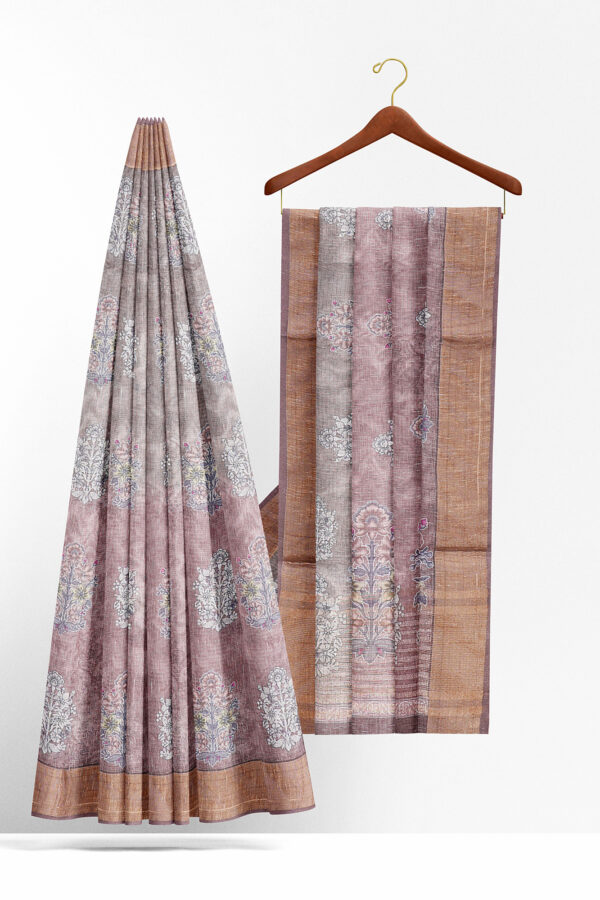 sri kumaran stores linen cotton maroon and grey saree with golden border 2