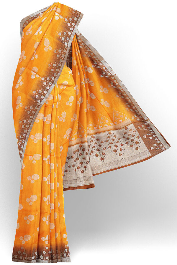 sri kumaran stores linen cotton orange saree with brown silver border 1