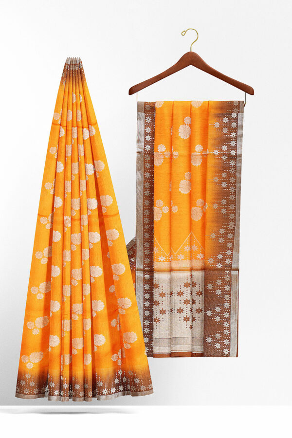 sri kumaran stores linen cotton orange saree with brown silver border 2