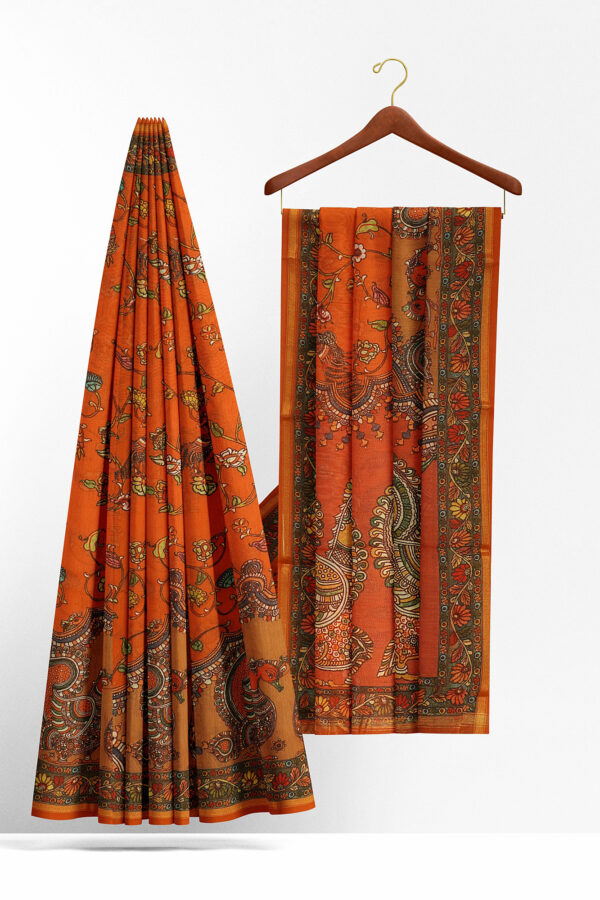 sri kumaran stores linen cotton orange saree with green floral border 2